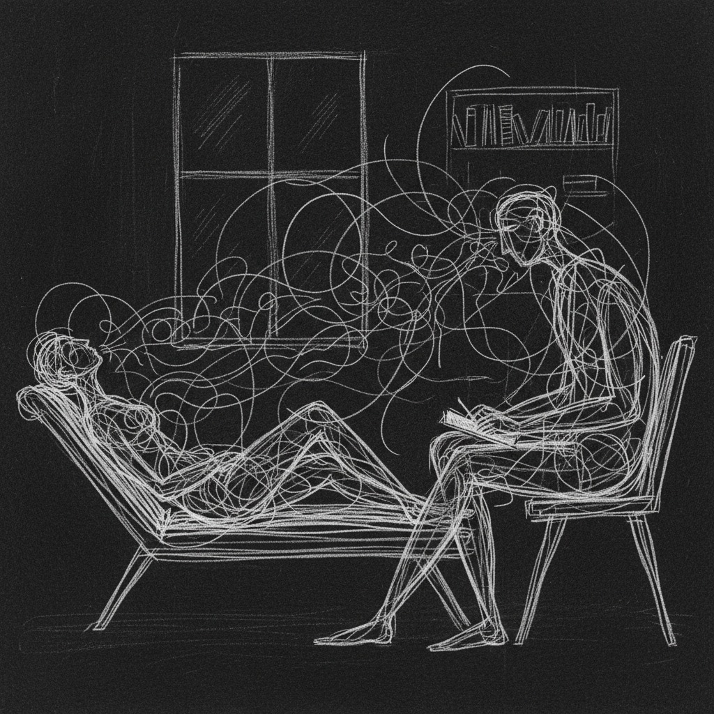 a drawing with a white pencil over a black backgrround of a pacient and psychoanalyst of psychoanalisis therapy. Almost abstract, with nothing written