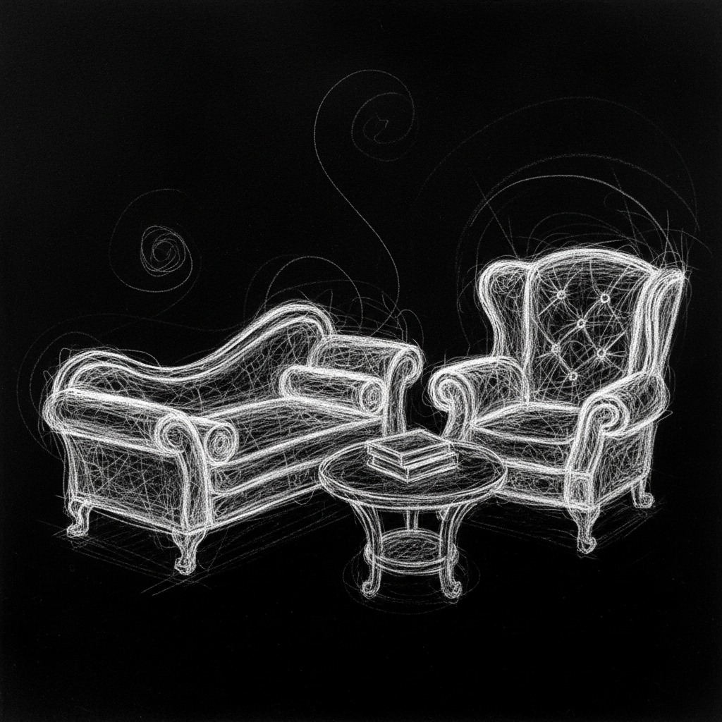 a drawing of a psychoanalisys with a white pencil over a black background, with nobody, but furnitures, a divã and a psychoanalist poltrona. Almost abstract, with nothing written